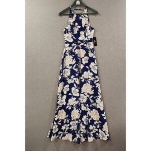 Lulus‎ In Blossom Blue Floral Print Maxi Dress S Halter Neckline Sleeveless